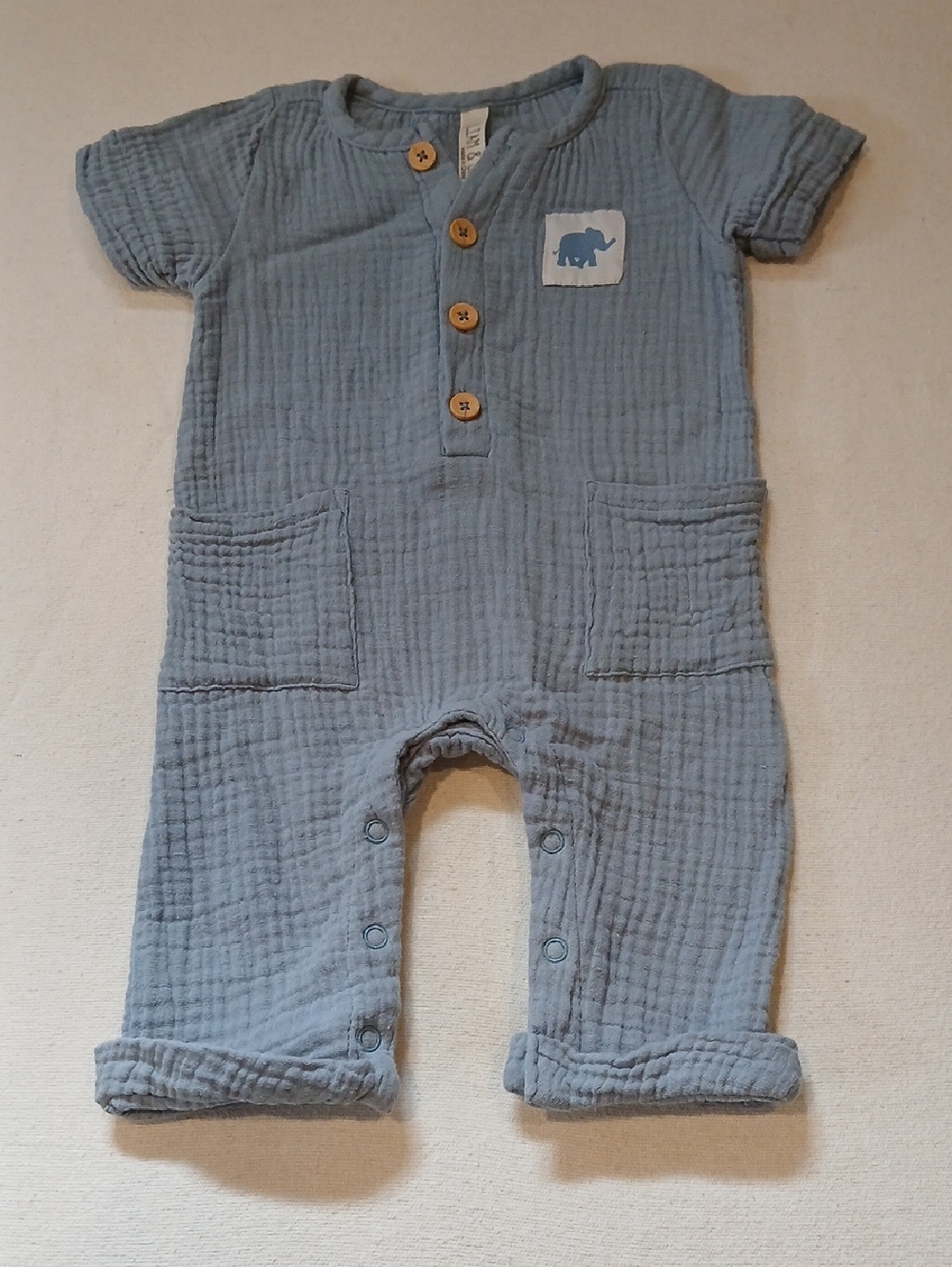 Liam & James Blue Baby Muslin One-Piece Bodysuit with Front Pockets